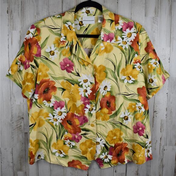 Alfred Dunner yellow floral button up short sleeve blouse shirt top Women's 16 - Picture 1 of 5